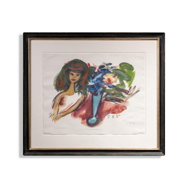 Friedrich Karl Gotsch, Hanne Next to a Vase of Flowers, Watercolor For Sale - Image 6 of 7