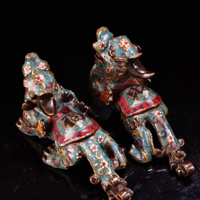 Mid 20th Century Pair of Vintage Cloisonne Enamel Guardian Lions – 5.9" Foo Dog Figures For Sale - Image 5 of 10
