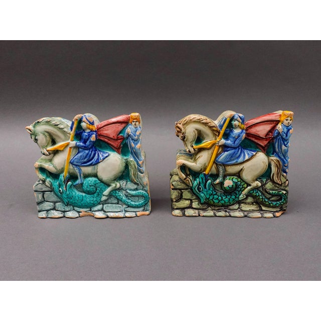 Antique Italian St. George On Horse Slaying Dragon Terracotta Pottery Plaque Bookend Relief Sculpture Set Of 2. One Is...