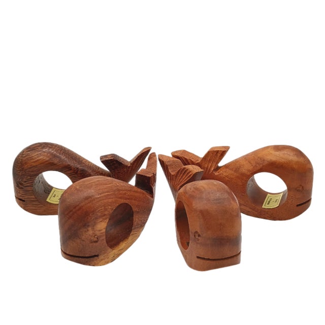 Mid-Century Modern Carved Wood Whale Napkin Rings - Set of 4 For Sale - Image 4 of 5