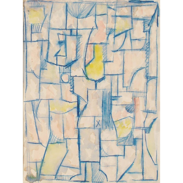 A 1960s watercolor painting by the American artist Harry Hilson (1935-2004). Unsigned, this abstract work depicts stacked...