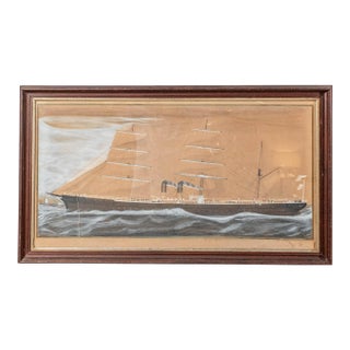 1930s Antique Hand Drawn Ship Drawing on Paper For Sale