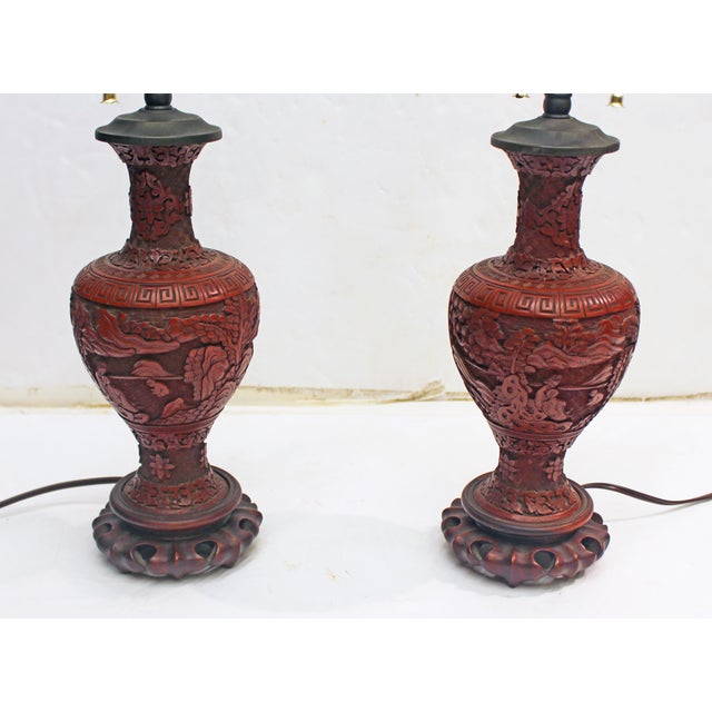 18th Century Pair of Chinese Qing Dynasty Cinnabar Vases Mounted as Lamps - Pair For Sale - Image 4 of 14