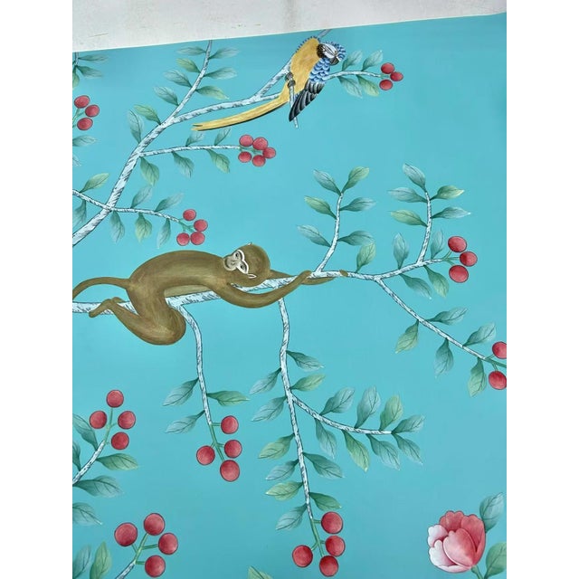 Teal Tropical Chinoiserie Mural | Hand-Painted 9-Panel Wallpaper With Monkeys & Birds For Sale - Image 6 of 6