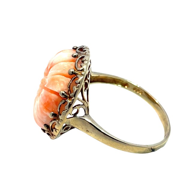 Modern Mid 20th Century 14k Yellow Gold Carved Light Orange Coral Ring, Size 8 For Sale - Image 3 of 6