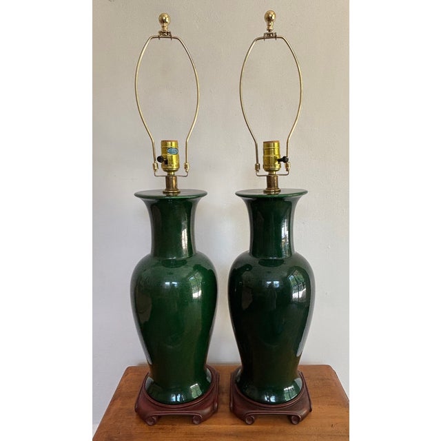1980s Forest Green Porcelain Urn Form Lamps - A Pair For Sale - Image 9 of 9