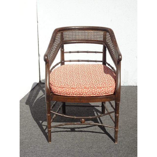 Vintage Polynesian Bamboo Cane Back Barrel Accent Chair W Cane Seat & Cushion For Sale - Image 9 of 17