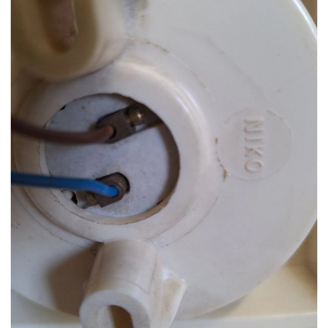 Glass Mid-Century Modern Ceiling Lamp with Stepped Cream-White Bakelite Base and White Glass Shade with Hand-Painted Black Decor by Niko, 1950s For Sale - Image 7 of 8