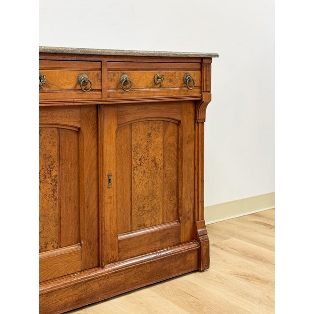 Antique French Provincial Marble Burlwood Buffet 2 Drawer Locking Cabinet For Sale - Image 4 of 18