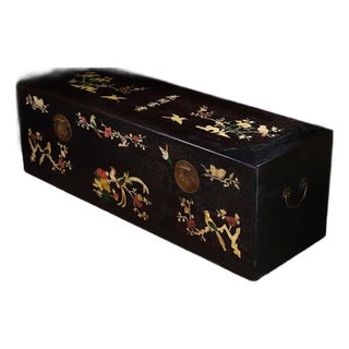 Large Vintage Zitan Wood Treasure Box With Mother-of-Pearl Bird & Floral Inlay For Sale