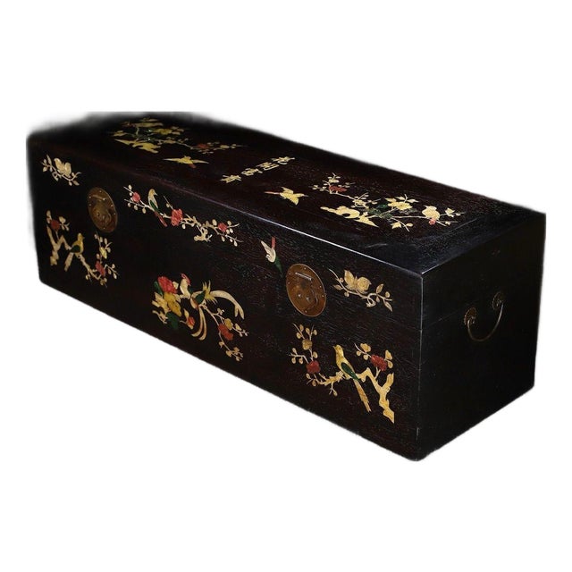 Large Vintage Zitan Wood Treasure Box With Mother-of-Pearl Bird & Floral Inlay For Sale