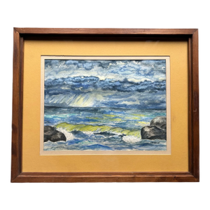 Vintage Mid Century Impressionist Gouache Painting of a Seascape in Wood Frame