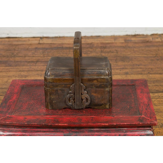 Wood Chinese Antique Lidded Lunch Box with Volutes, Handle and Distressed Finish For Sale - Image 7 of 11