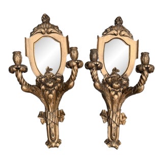 Vintage Italian Hollywood Regency Gilt Wood Mirrored Two-Arm Wall Sconces - A Pair For Sale