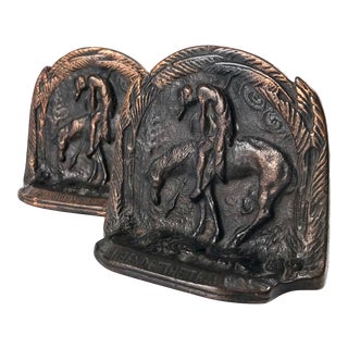 Vintage Cast Bronze the End of the Trail Native American Bookends - a Pair For Sale