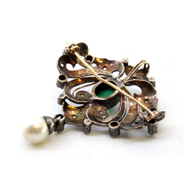 Gold and Silver Brooch with Diamond Chips, Faux Pearl and Central Synthetic Cabochon For Sale - Image 5 of 9