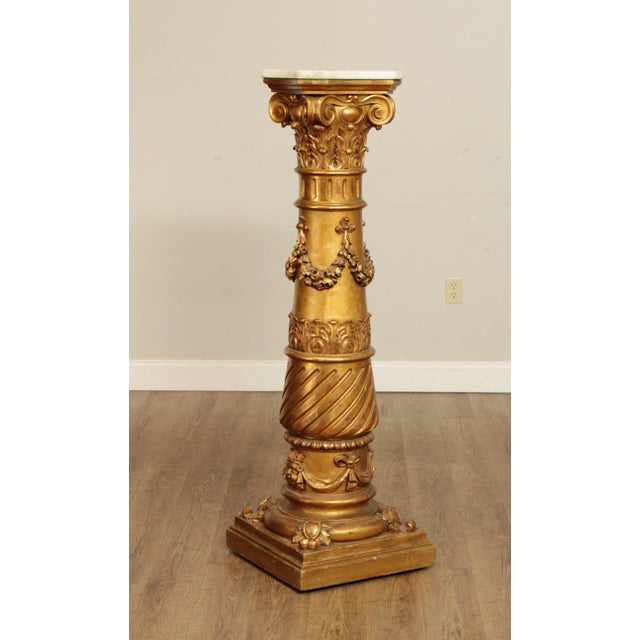 Neoclassical Antique 19th Century Italian Neoclassical Carved Giltwood Marble Top Pedestal For Sale - Image 3 of 13