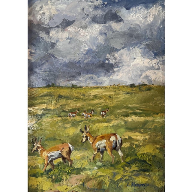 "Storm Rolling In" This painting captures a quiet, open prairie scene under a dramatic sky. In the foreground, two...