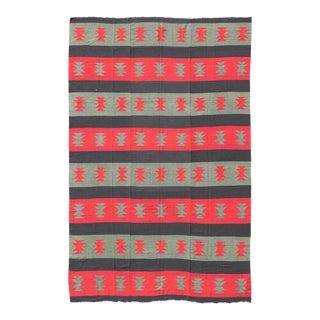 Large Vintage Kilim Rug With Tribal Shapes and Stripes in Red, Brown and Green For Sale