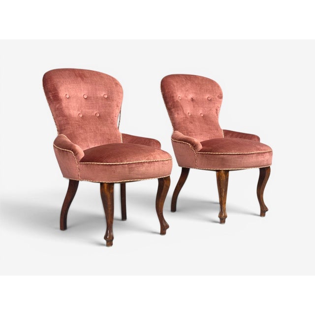 1950s Swedish Modern, Traditional Slipper Chairs, Pink Velvet, Wood, Sweden, 1950s For Sale - Image 5 of 15