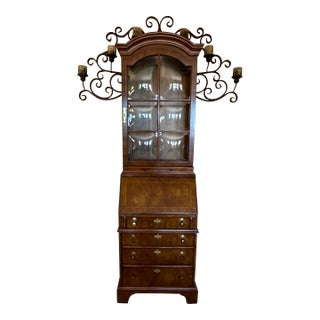 1980s Drexel Heritage “Et Cetera Collection” Inlaid Walnut Secretary Desk Bookcase With Bubble Glass For Sale