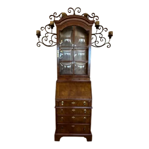 1980s Drexel Heritage “Et Cetera Collection” Inlaid Walnut Secretary Desk Bookcase With Bubble Glass