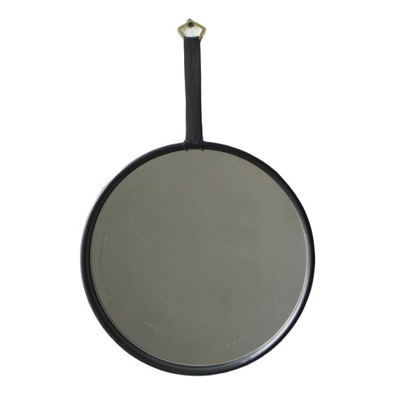 Black Leather Round Mirror For Sale