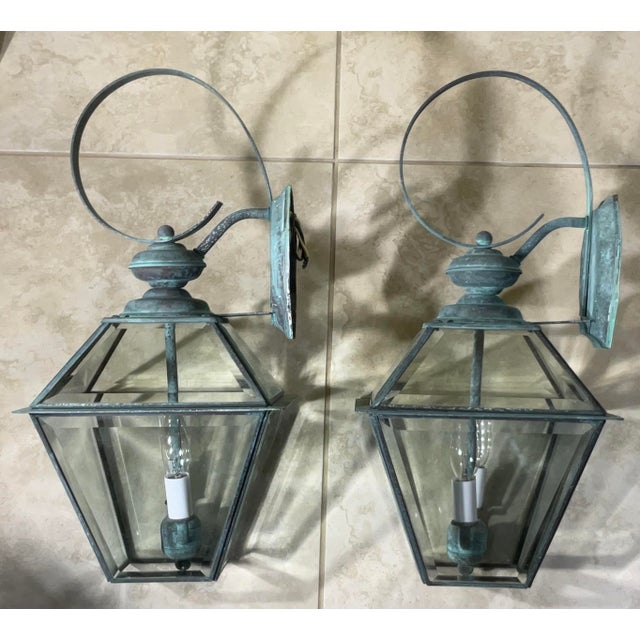 Metal Pair of Vintage Solid Brass Lanterns - 9” X 9” X 18” High For Sale - Image 7 of 10