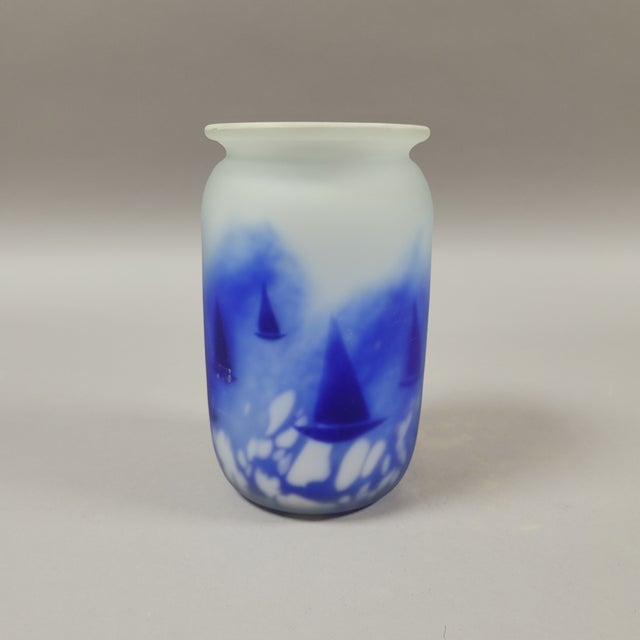 Contemporary Vintage Hadeland Art Glass Vase With Blue Sailboats, Signed For Sale - Image 3 of 8