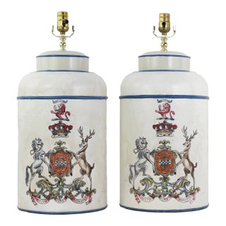Pair Vintage White Hand Painted Tole Tea Caddy Lamps Heraldic Crest Motif Table Lamps For Sale