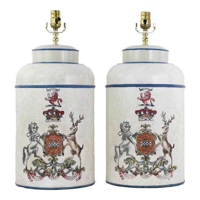 Pair Vintage White Hand Painted Tole Tea Caddy Lamps Heraldic Crest Motif Table Lamps For Sale