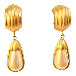Givenchy 1980s Matte Gold Plated Carved Glass Pearl Drop Earrings, 2 Pieces