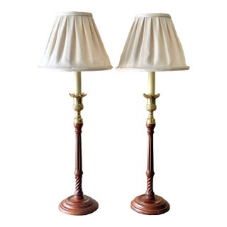 1990s Wood and Brass Pillar Candlestick Lamp Pair With Pleated Shades For Sale