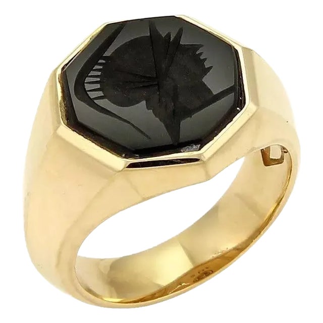 David Yurman Onyx Intaglio 18k Yellow Gold Octagon Ring, Size 8 For Sale