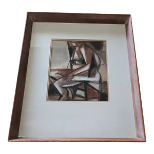 1950s Vintage Picasso-Style Cubist Mid Century Watercolor Painting, Framed