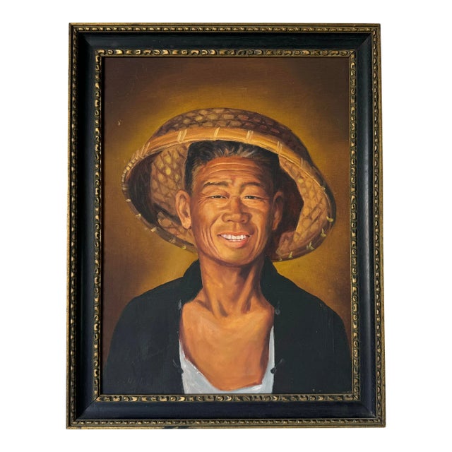 70's Vintage Oil Portrait Painting of Chinese Man With Hat For Sale