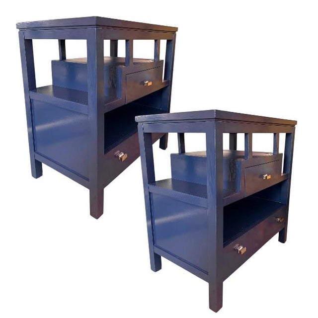 Pair of Stanley Furniture Two-Drawer Navy Blue Lacquer Nightstands For Sale In West Palm - Image 6 of 9