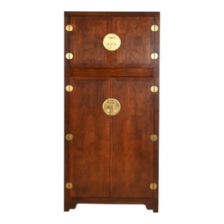 Michael Taylor for Baker Furniture Hollywood Regency Chinoiserie Walnut Lighted Bar Cabinet, 1960s For Sale