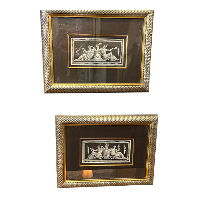 19th‑Century Neoclassical Engravings in Gilt Woven Frames - a Pair For Sale