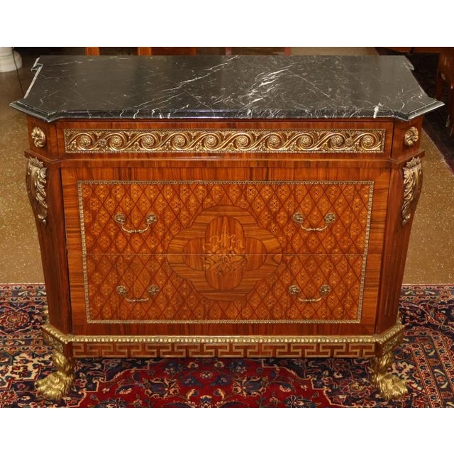 Louis XV French Style Walnut Inlaid Marble Top Gilt Ormolu Chest Dresser Commode Dimensions : 51" Wide X 23" Deep X 39.5"...