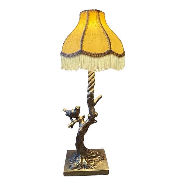 Bird on Tree Trunk Table Lamp With Fringed Scalloped Shade | Hollywood Regency For Sale