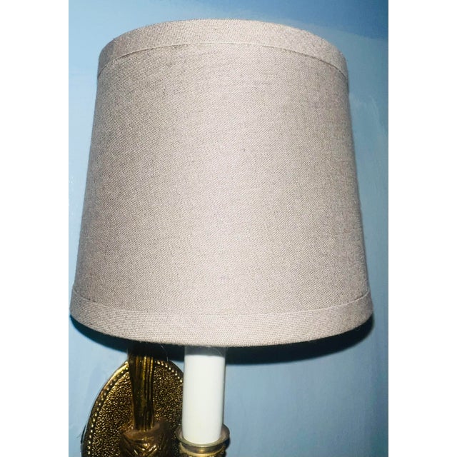 Vintage Solid Brass Electric Candle Stick Rope and Tassel Wall Sconce With Linen Shade For Sale - Image 11 of 14