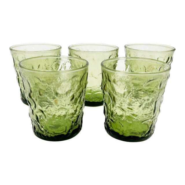 Mid Century Anchor Hocking Milano Green Rocks Glasses - 5 Pieces For Sale