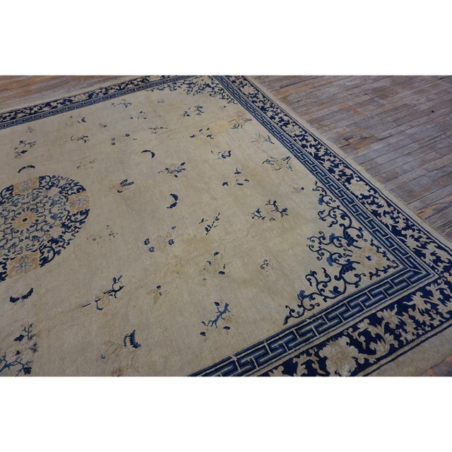 1920s Beige Field Classic Greek Key Antique Chinese Peking Room Size Knotted Rug For Sale - Image 9 of 10