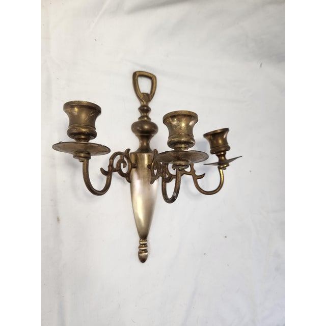 Traditional Vintage Set of Solid Brass Three Candle Wall Sconces - A Pair For Sale - Image 3 of 6
