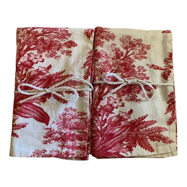 Pair Pottery Barn 2006 Matine Pillowsham Red Toile Floral Classic Traditional French Country Standard Size For Sale