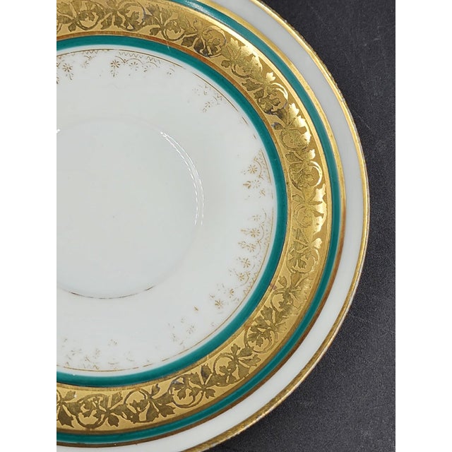 White Antique William Guerin & Co. Limoges France Porcelain Saucer Celeste Teal & Encrusted Gold c.1891-1932 For Sale - Image 8 of 18