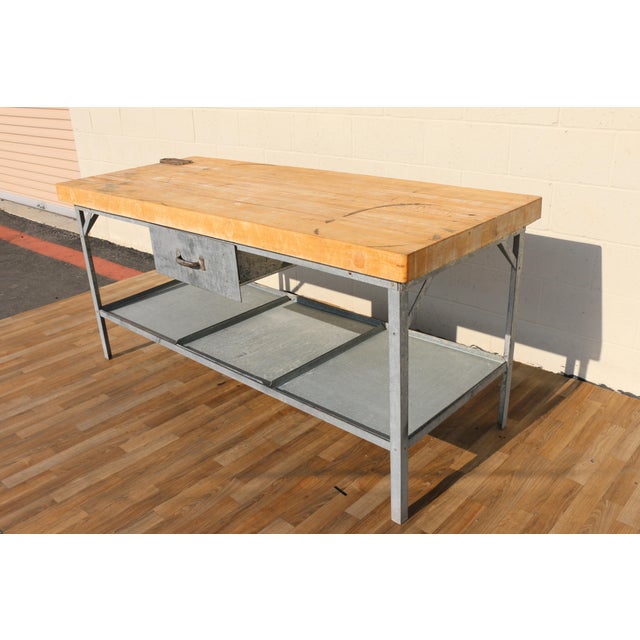 1950s 1950s Industrial Butcher Block Workstation Table With Steel Frame, Drawer & Removable Galvanized Trays For Sale - Image 5 of 18