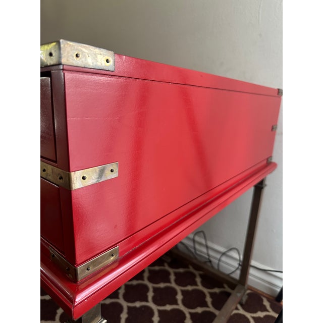 Metal Vintage Campaign Style Red Lacquered Writing Table/Desk For Sale - Image 7 of 12