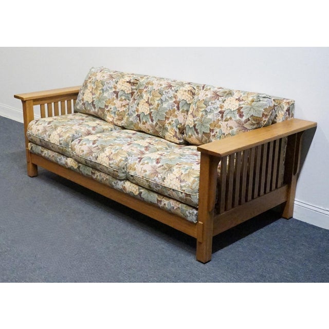 Flexsteel Flexsteel Quarter Sawn Oak Mission Style 82" Sofa W. Floral Upholstered Cushions For Sale - Image 4 of 10